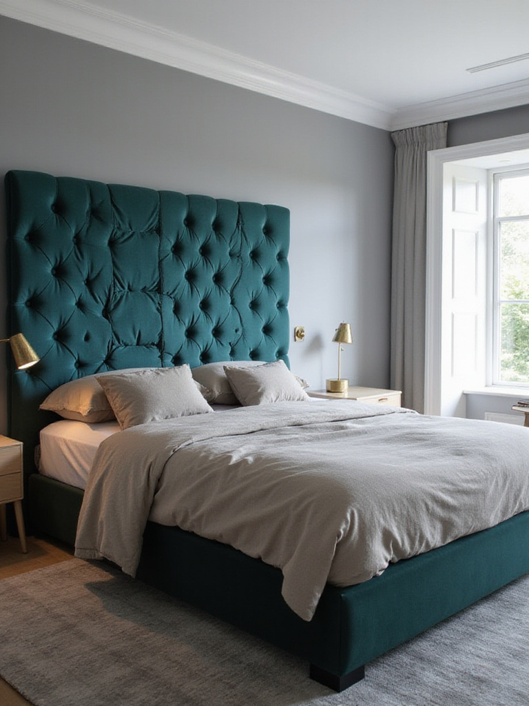 Modern bedroom with teal velvet headboard and neutral bedding