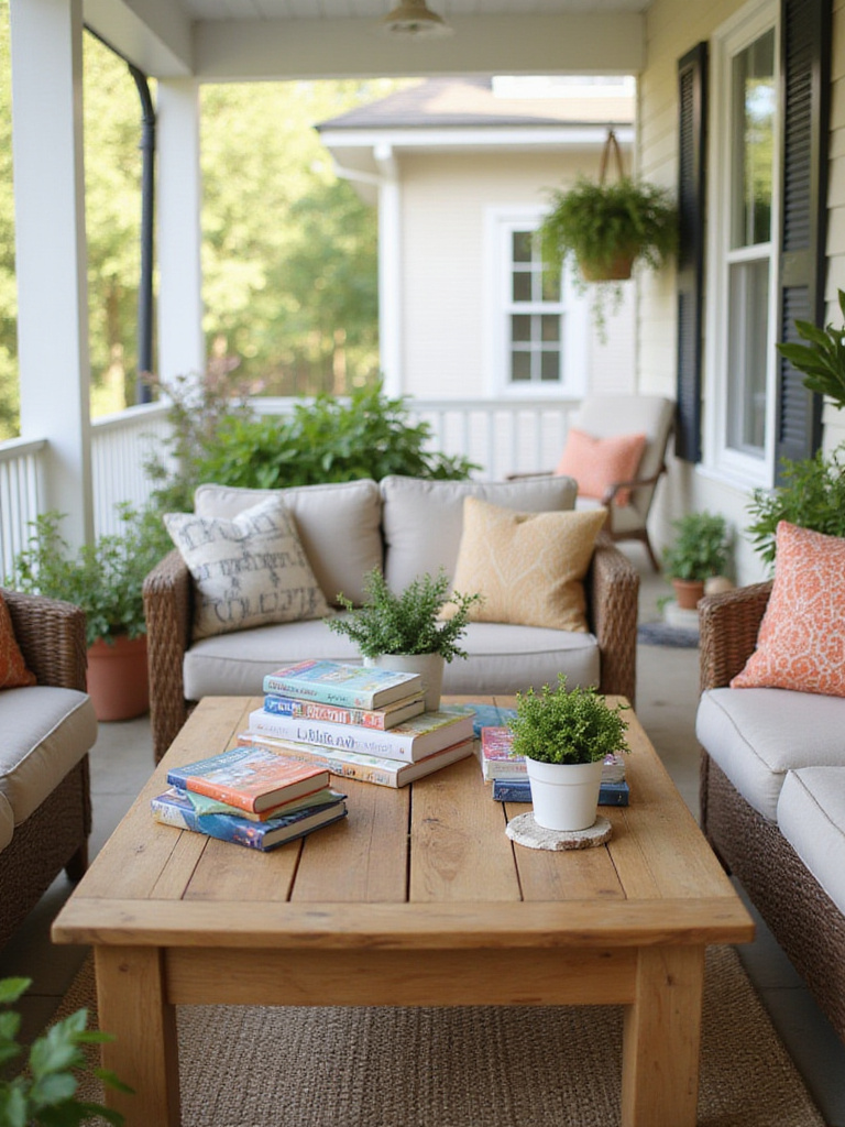 Teak coffee table on a porch styled with plants, books, and coasters