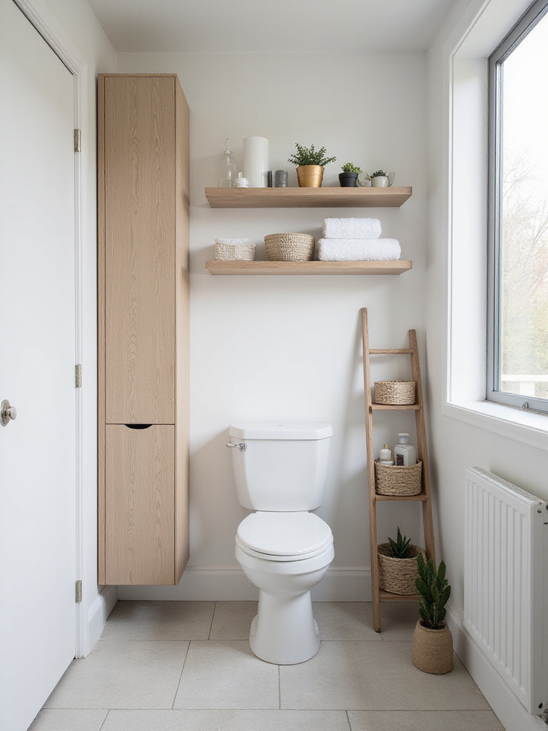 Small bathroom with tall linen cabinet, floating shelves, and ladder shelf for vertical storage.