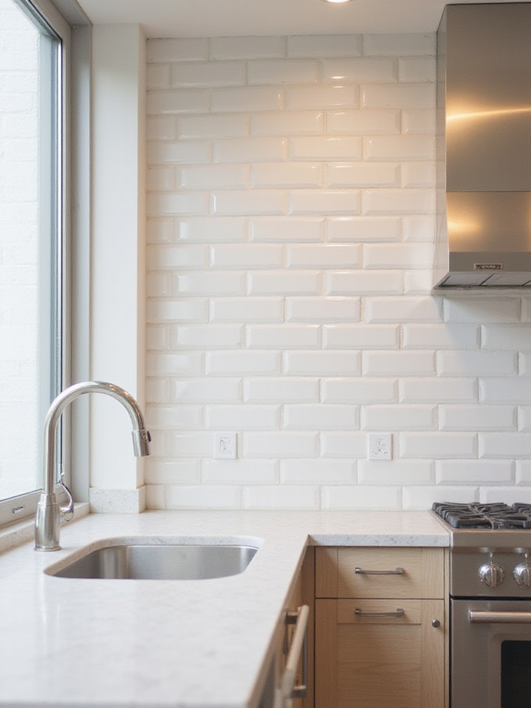 Modern kitchen backsplash with vertically stacked white subway tiles.