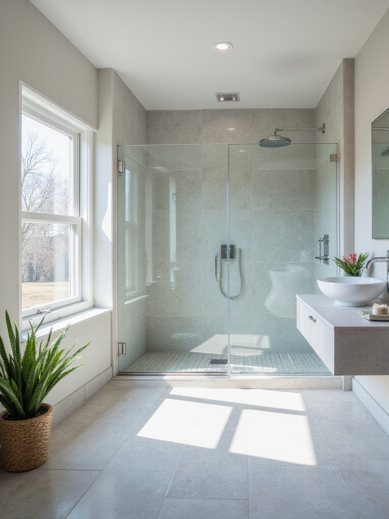 Contemporary bathroom featuring a walk-in shower with frameless glass enclosure.