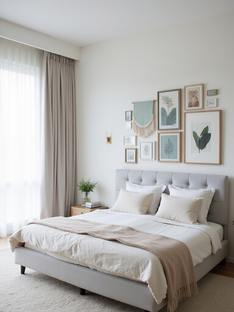 Modern bedroom with a gallery wall above the bed featuring a mix of framed prints and a tapestry.