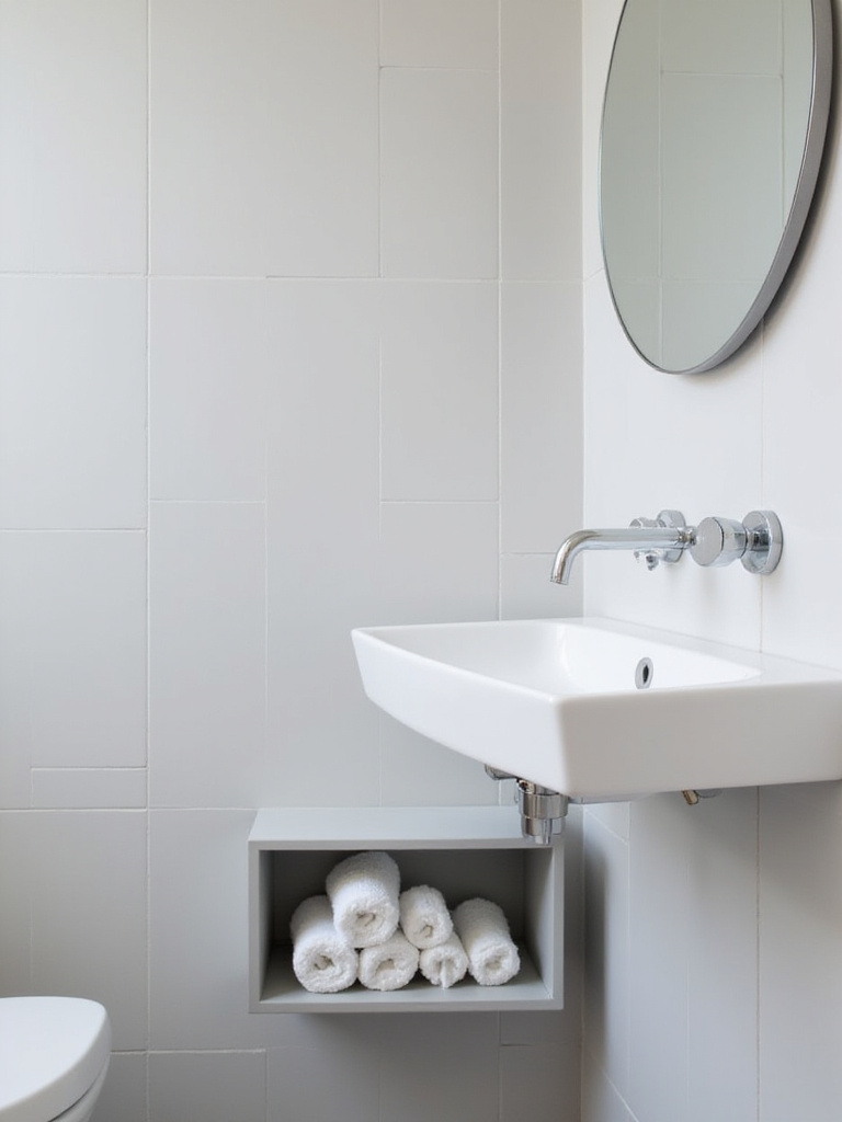 Small bathroom featuring a modern white wall-mounted sink with floating shelf.