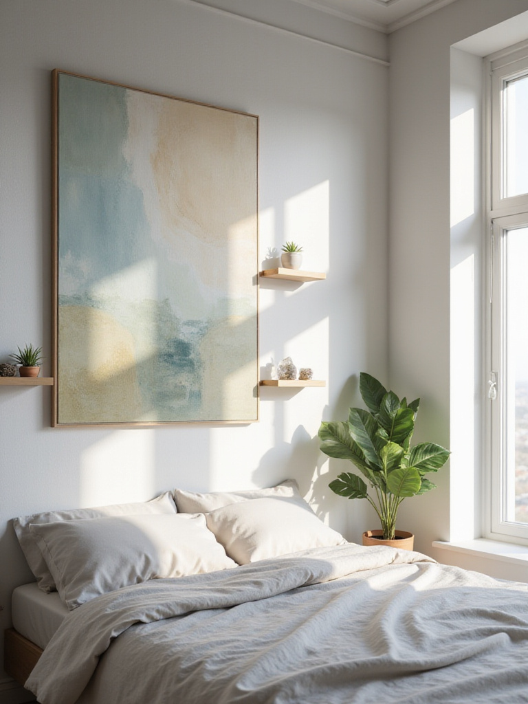 Calming bedroom decor featuring abstract art and natural elements