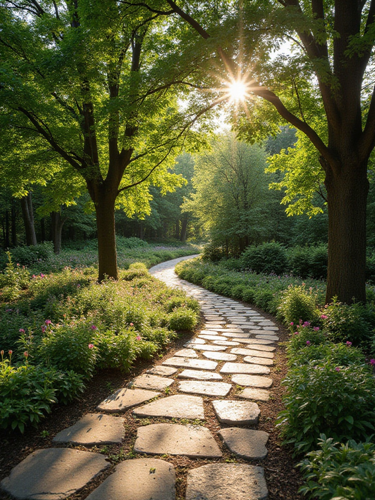 Charming stone pathway winding through a lush green garden.