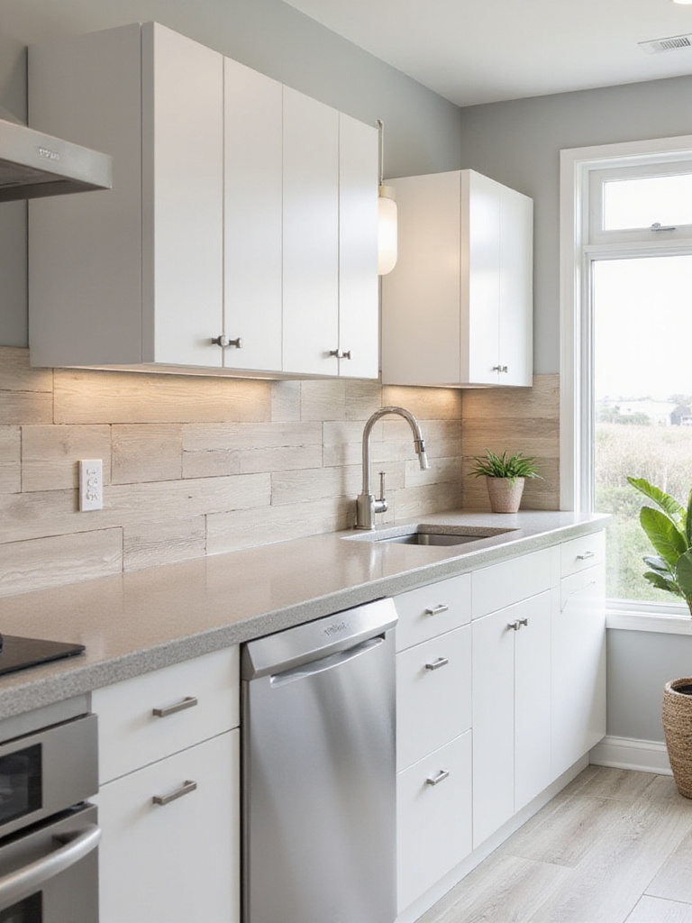 Modern kitchen with light wood-look plank backsplash and white cabinets