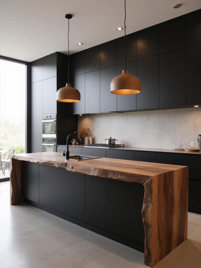 Black kitchen cabinets with walnut wood countertop on kitchen island