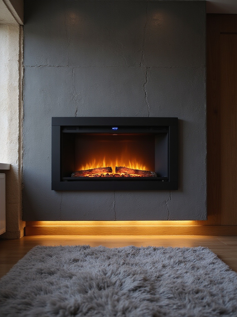 Modern bedroom interior with a wall-mounted electric fireplace creating a cozy atmosphere.