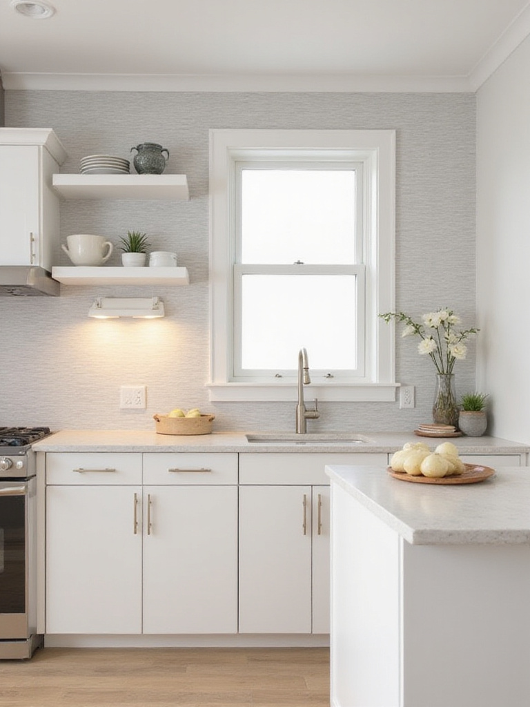 Modern kitchen featuring light gray washable vinyl wallpaper