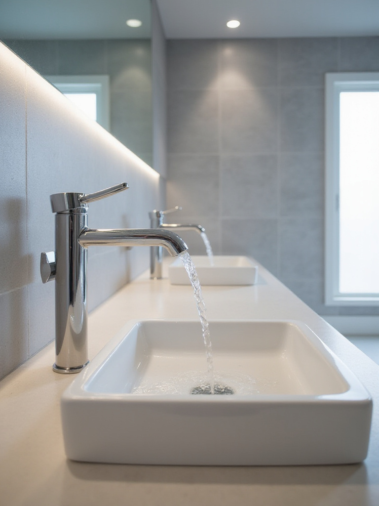 Modern bathroom with waterfall faucet and vessel sink