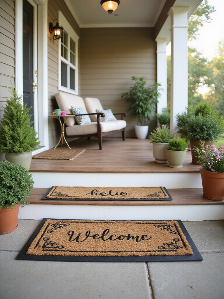Welcoming front porch entrance with layered doormats and potted plants.