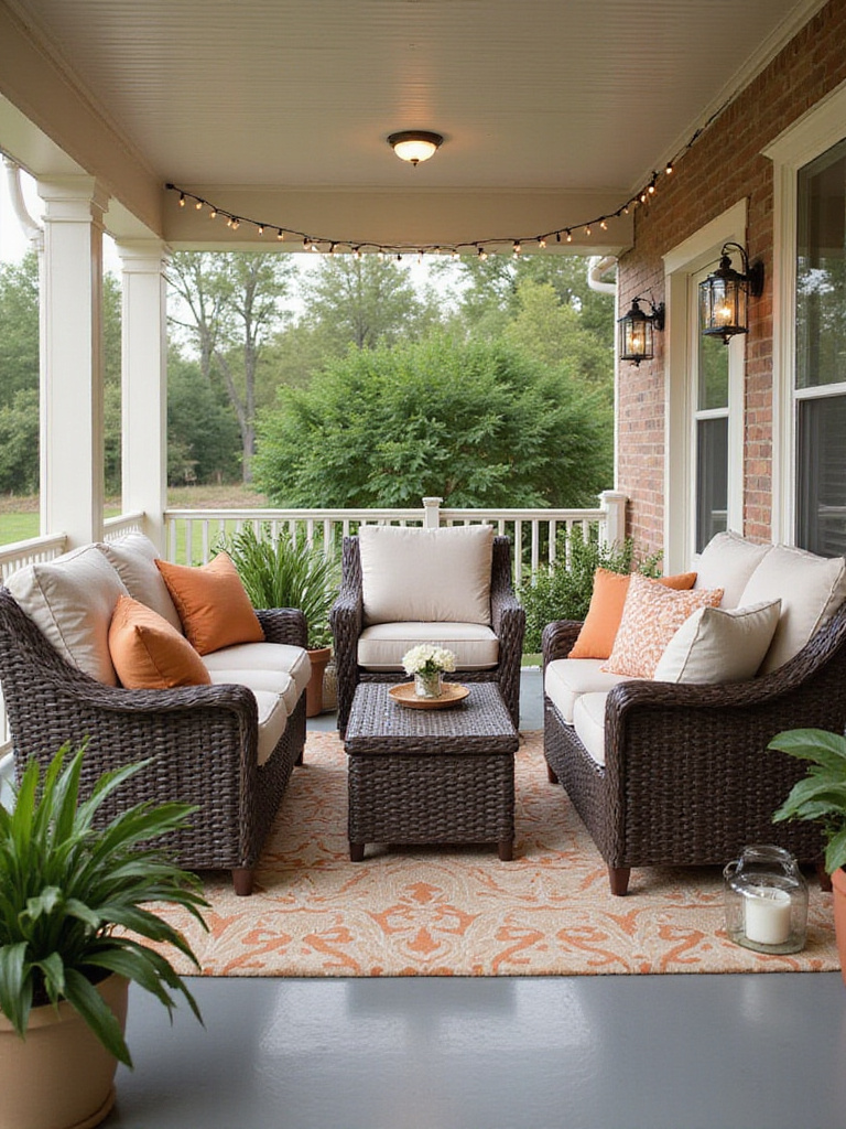 Resin wicker conversation set with sofa, armchairs, and coffee table on a covered porch.