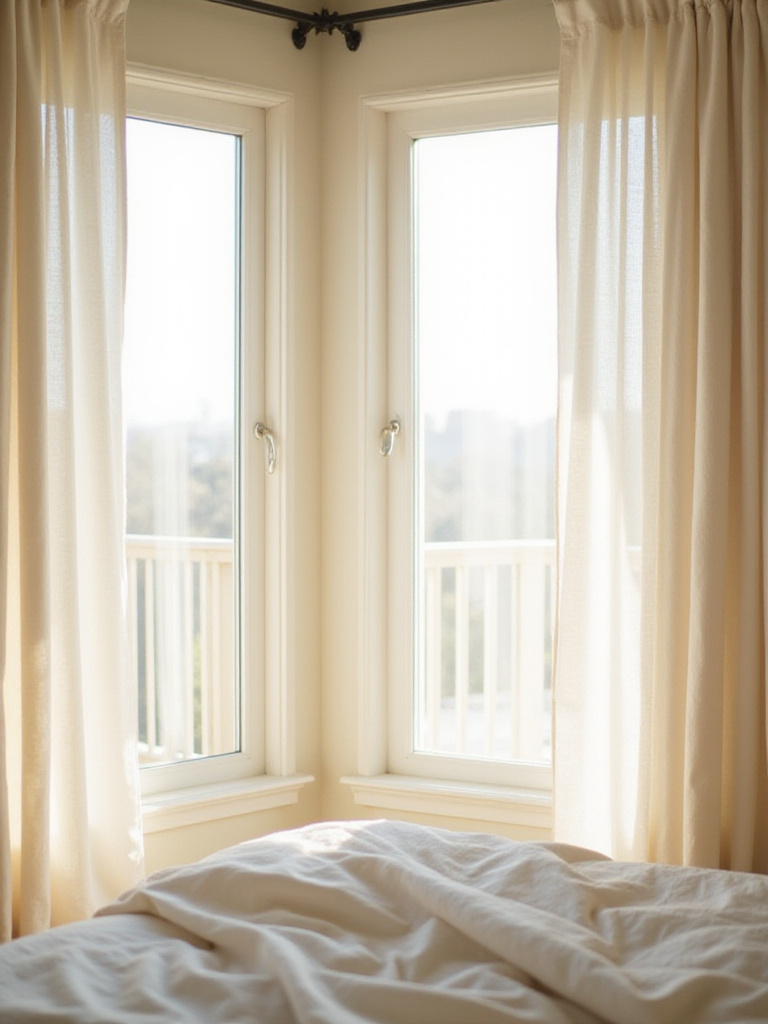 Bedroom interior with white linen curtains allowing soft sunlight to enter.
