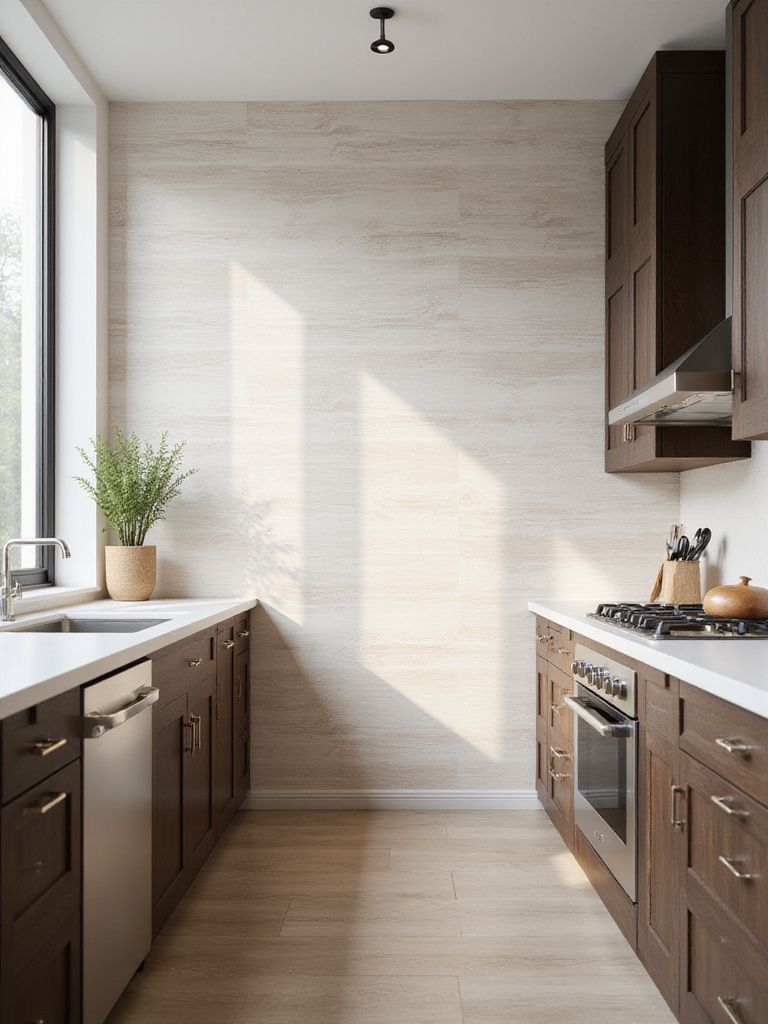 Modern kitchen with light wood grain effect wallpaper accent wall