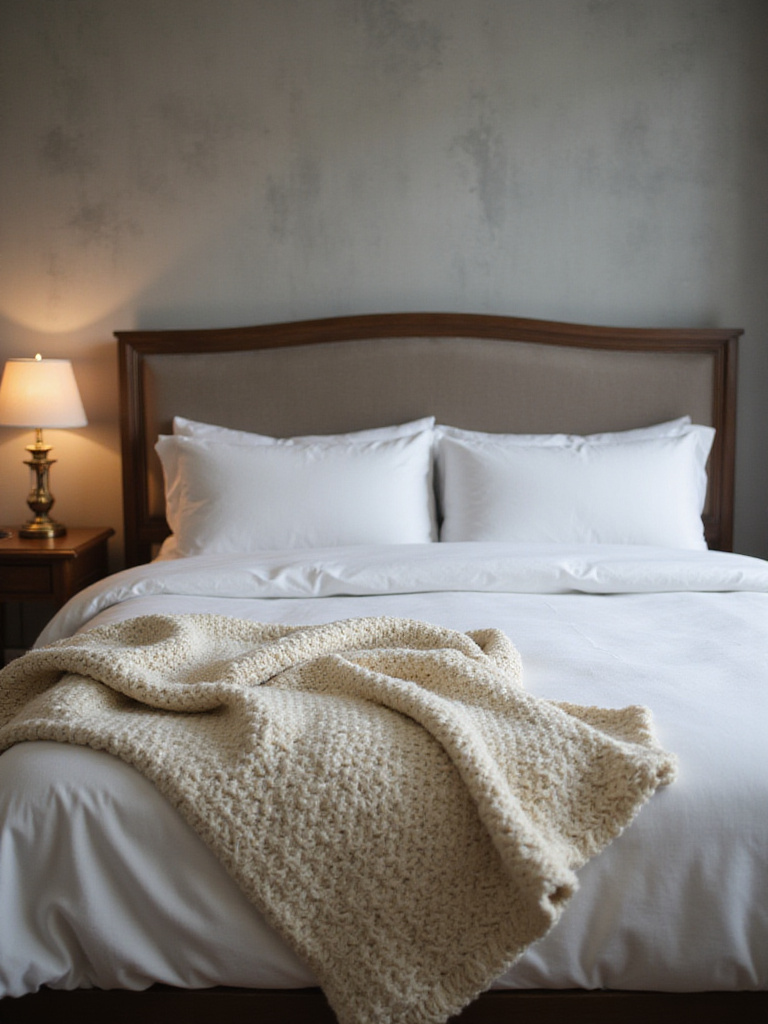 Cozy bedroom with white duvet and cream-colored chunky knit throw blanket
