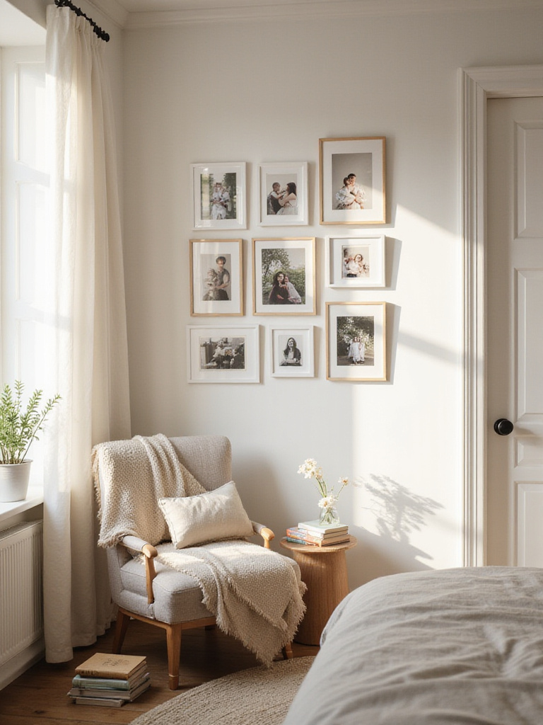 Cozy bedroom with a gallery wall of framed photos and mementos above an armchair.