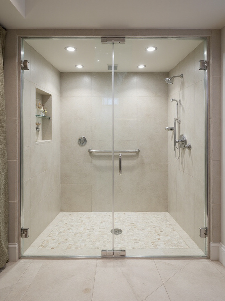 Luxury bathroom featuring a modern glass-enclosed steam shower filled with gentle steam.