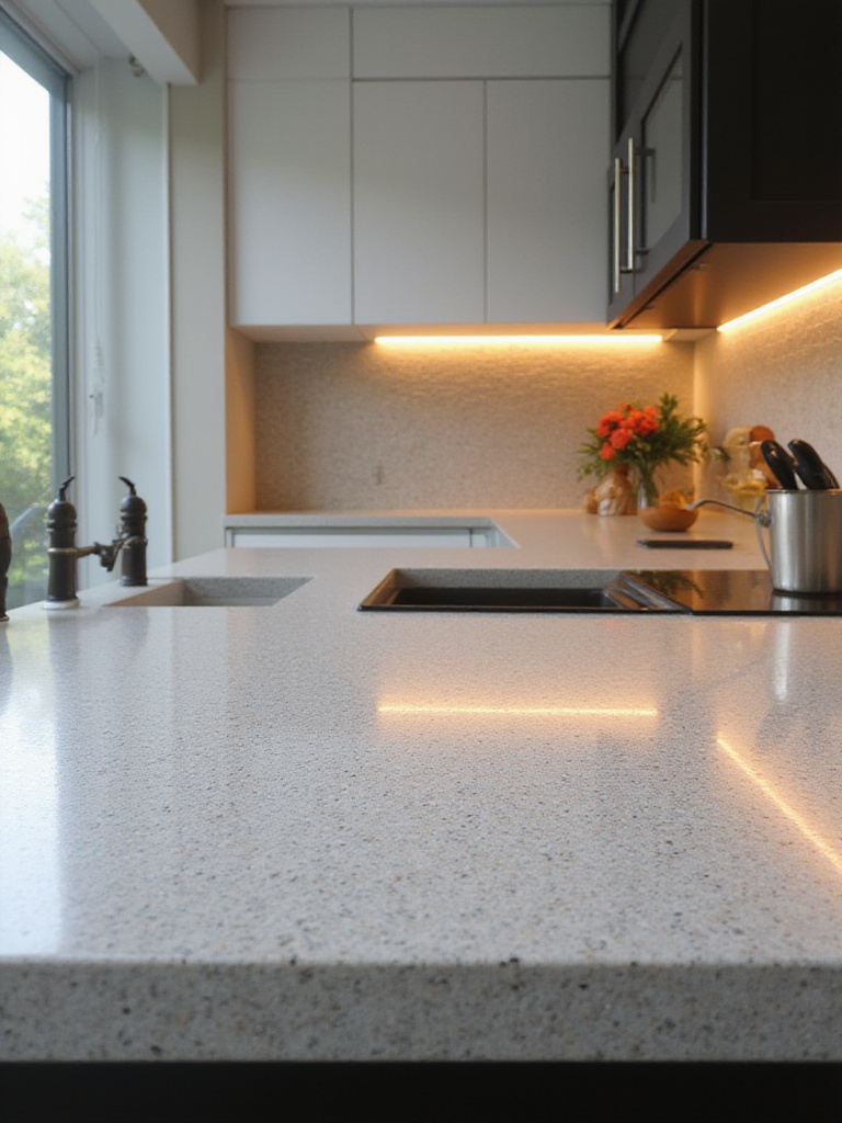 Kitchen countertop showing how its color appears differently under natural light from a window and warm artificial under-cabinet lighting, highlighting the importance of accounting for varied light sources in kitchen design.
