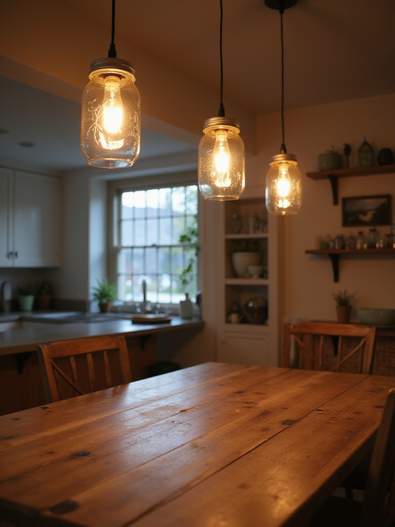 Budget-friendly kitchen lighting: Mason jar pendant lights over a kitchen table.