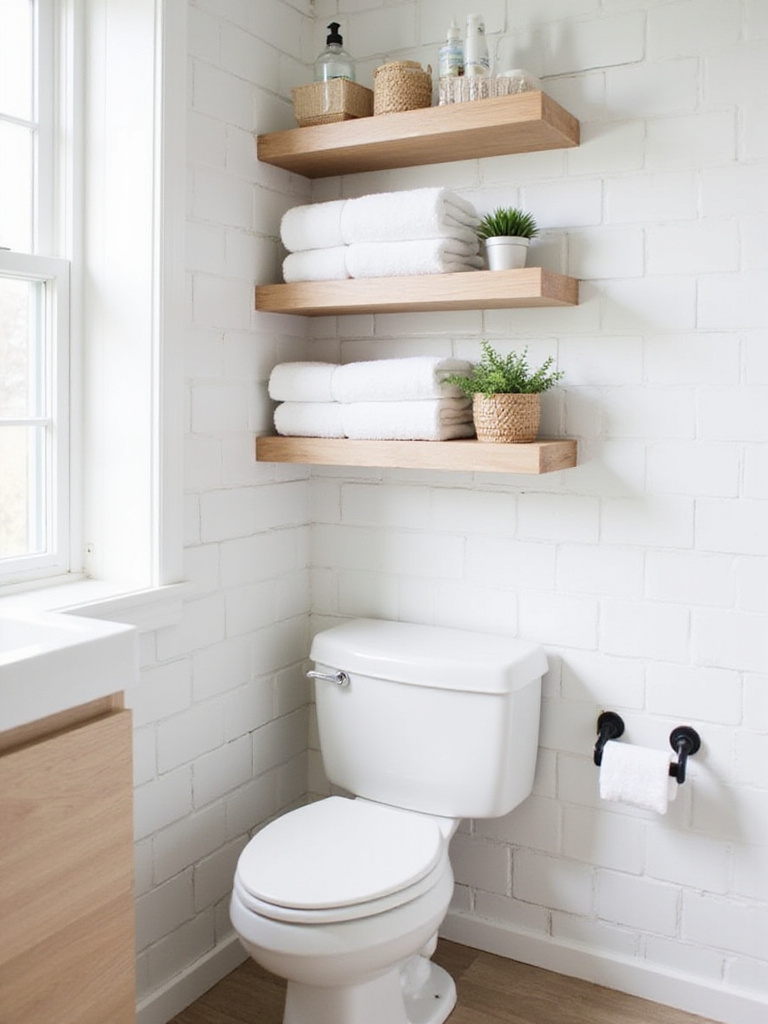 Three floating wood shelves installed above a toilet in a modern bathroom, holding towels, baskets, and plants.