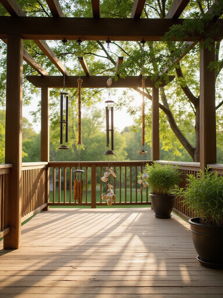 Wind chimes hanging on a peaceful wooden deck, swaying gently in the breeze amidst potted plants.