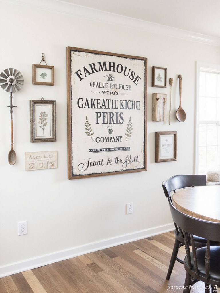 A farmhouse dining room wall adorned with characterful art and signs, including a vintage seed company sign and framed botanical prints, creating a gallery wall.