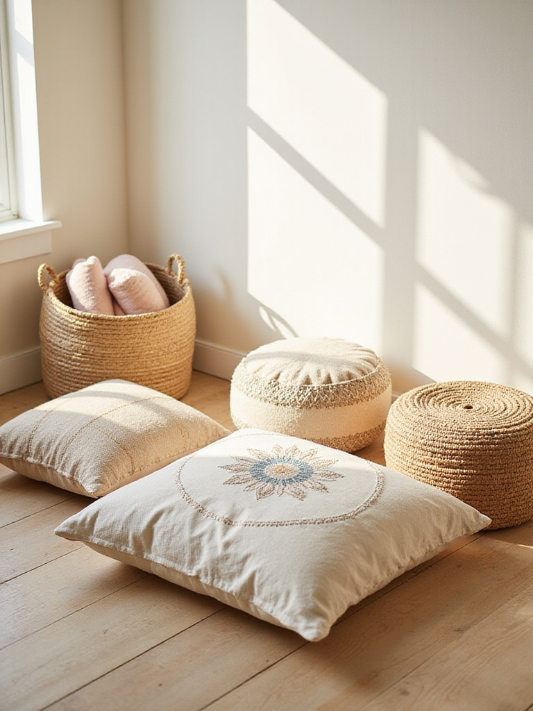 Boho bedroom corner featuring floor cushions and poufs for cozy seating