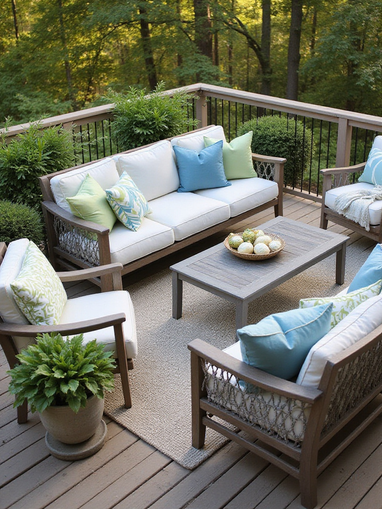 Comfortable outdoor seating area on a wooden deck featuring stylish furniture adorned with various decorative throw pillows in weather-resistant fabrics.