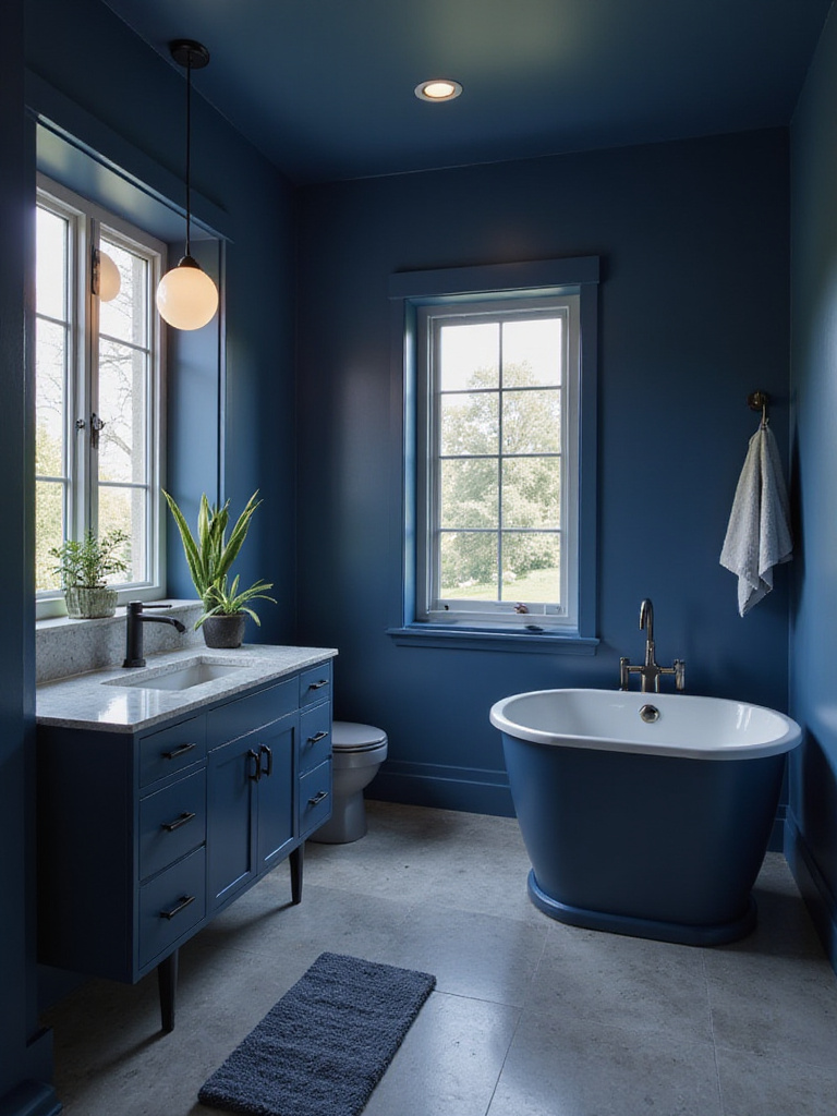 Modern bathroom with bold navy wall color, showcasing sophistication and elegance.