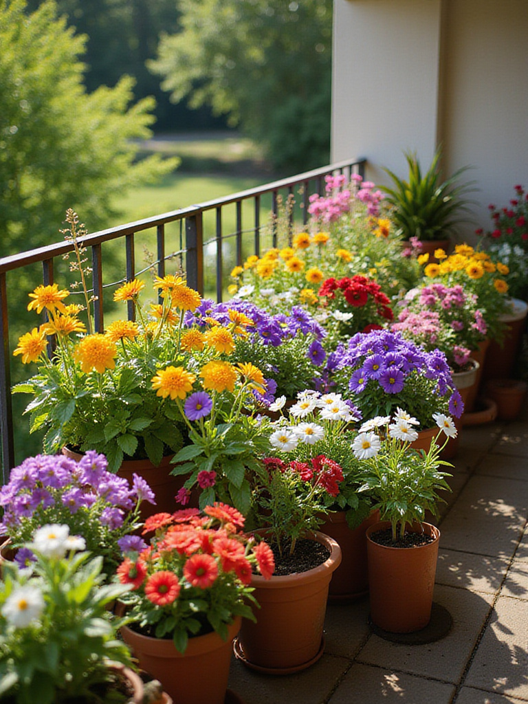 Colorful balcony garden filled with flowers attracting pollinators.