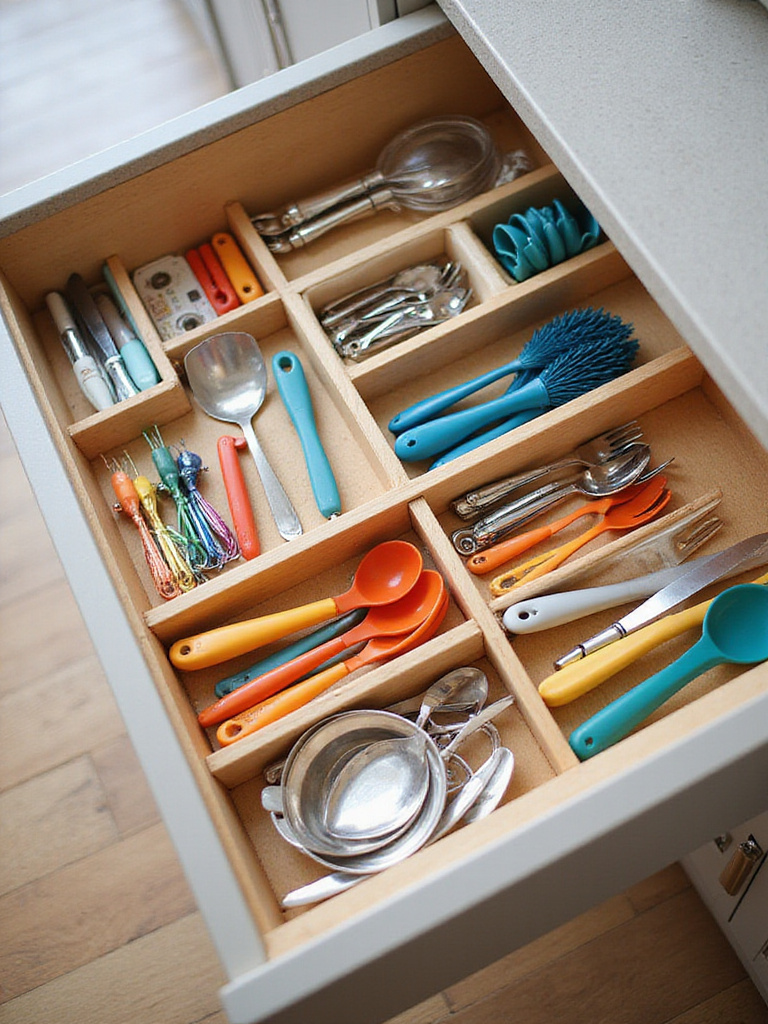 Organized kitchen drawer with internal organizers including dividers and trays.