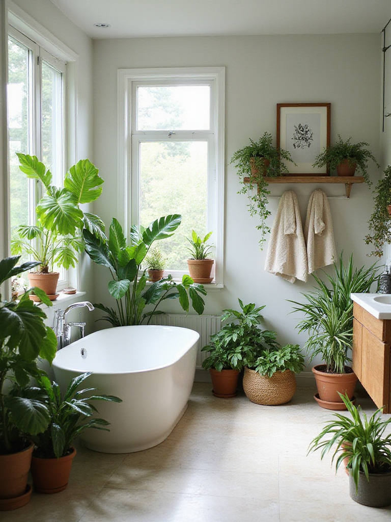 A modern bathroom renovated with lush green plants and decorative elements, showcasing shelves with potted plants, natural wood accents, and stylish towels.