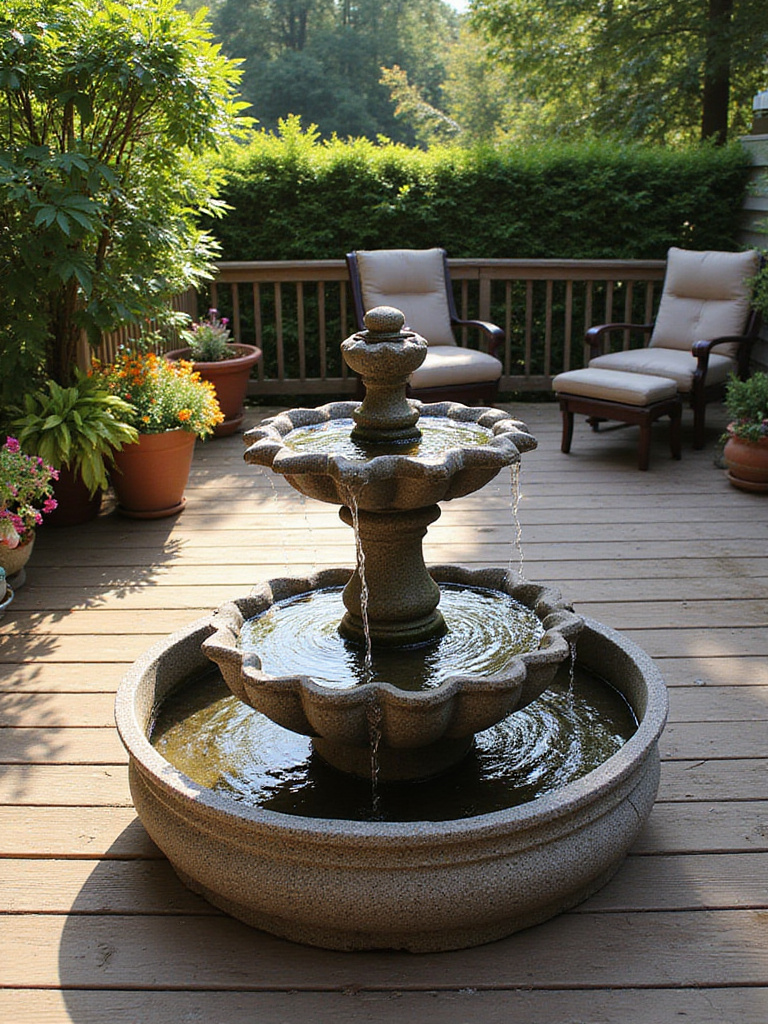 A tranquil tiered stone water fountain on a wooden deck, surrounded by lush potted plants and outdoor furniture, creating a peaceful garden oasis.