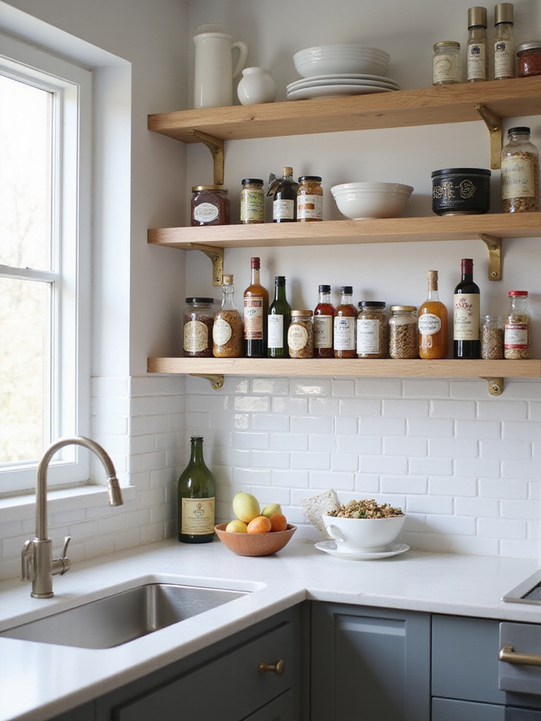 Modern kitchen with wall shelves displaying organized spices and dishes above the countertop.