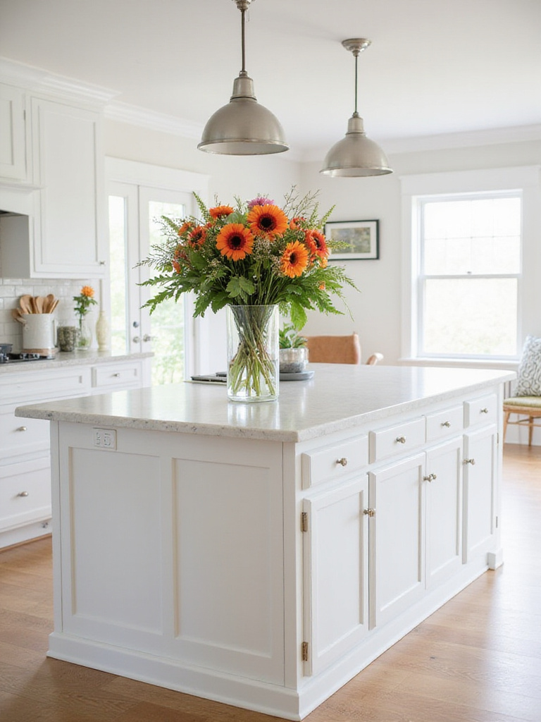 A stylish kitchen island decorated with a vibrant fresh floral arrangement centerpiece, adding color and life to the space.