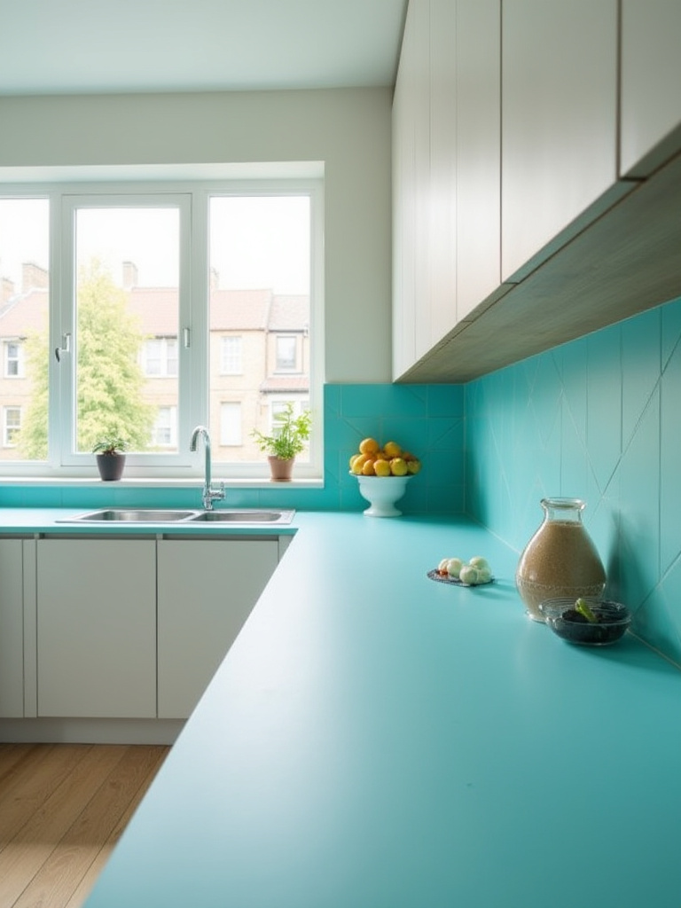 Modern kitchen with vibrant blue or green countertops on white or wood cabinets, showcasing a bold color choice.