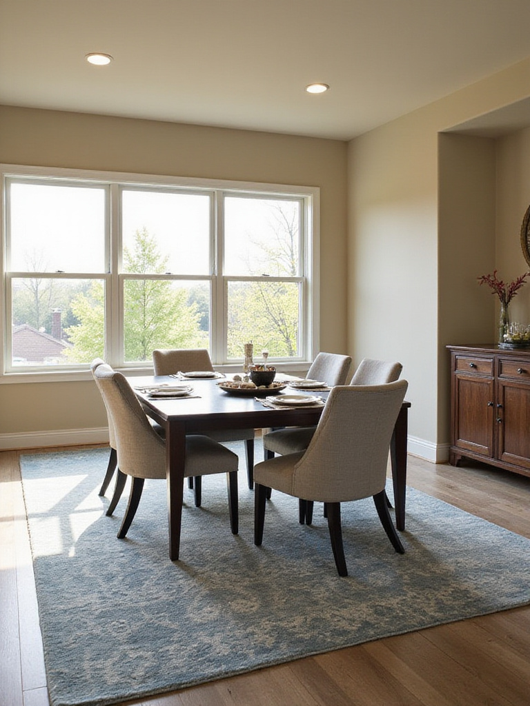 Dining room with a rectangular table and a muted blue and gray rug.