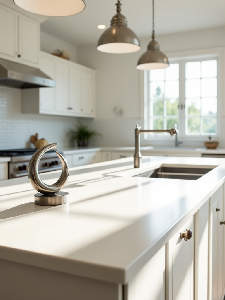 A stylish kitchen island with a small abstract metal sculpture placed on the counter, adding a decorative touch to the modern space.