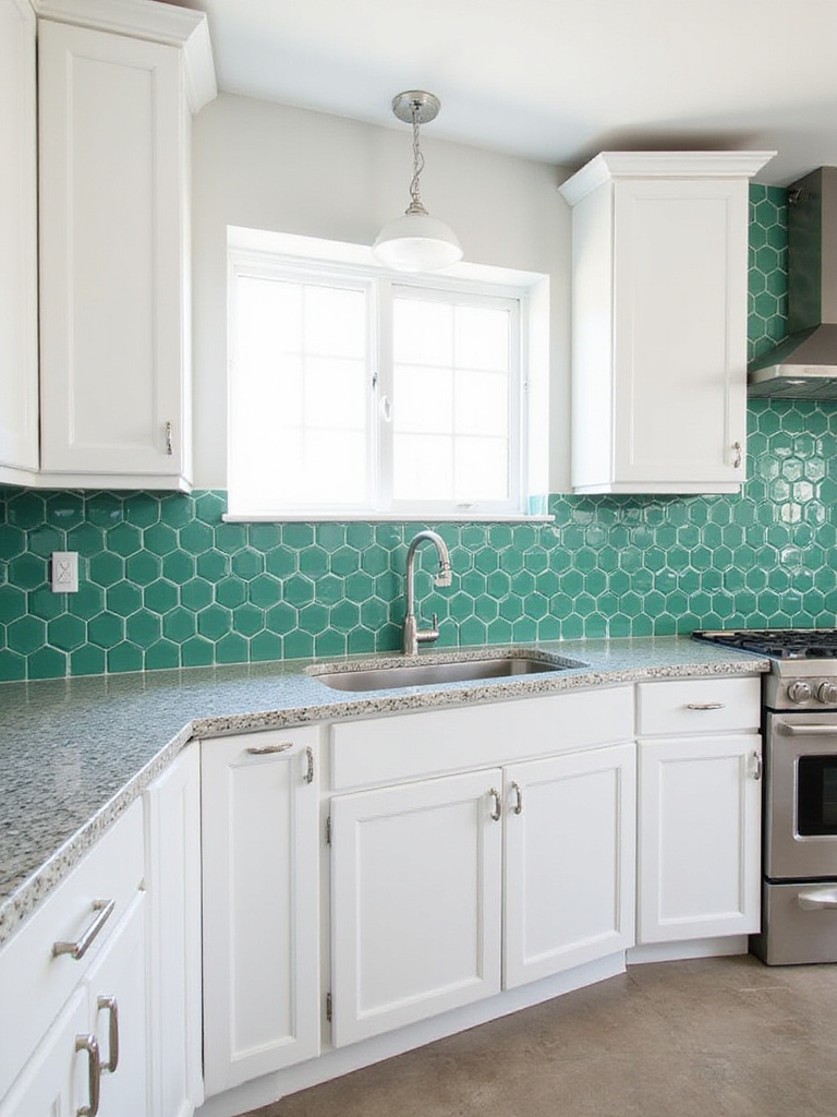 Emerald green geometric tile backsplash in a modern kitchen
