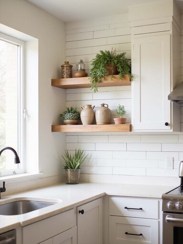 Modern farmhouse kitchen with white shiplap accent wall and open shelving.