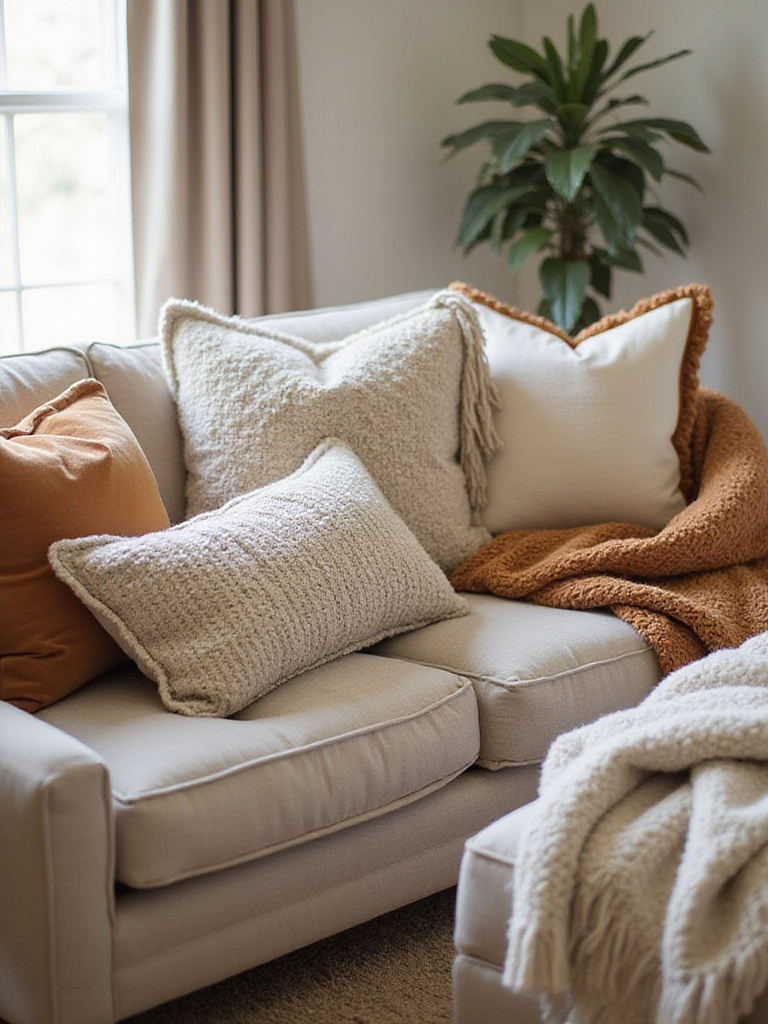 A cozy living room sofa decorated with an assortment of colorful and textured throw pillows and a draped blanket, illustrating how textiles add comfort and style to furniture.