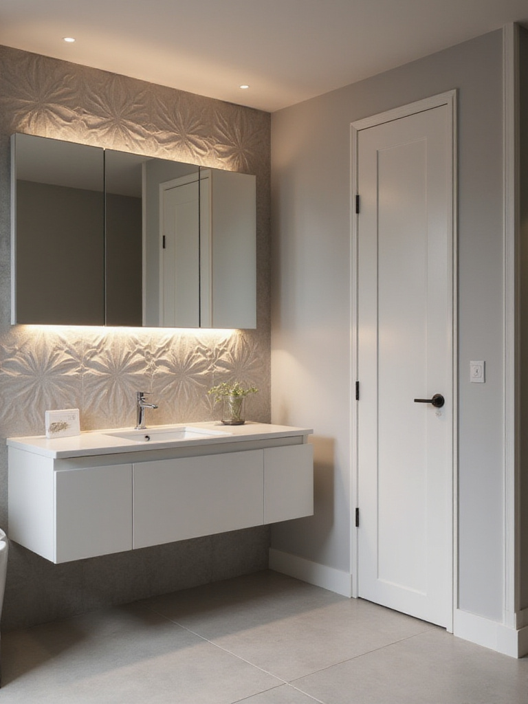 Modern bathroom with a textured accent wall behind a floating vanity, showcasing depth and style.
