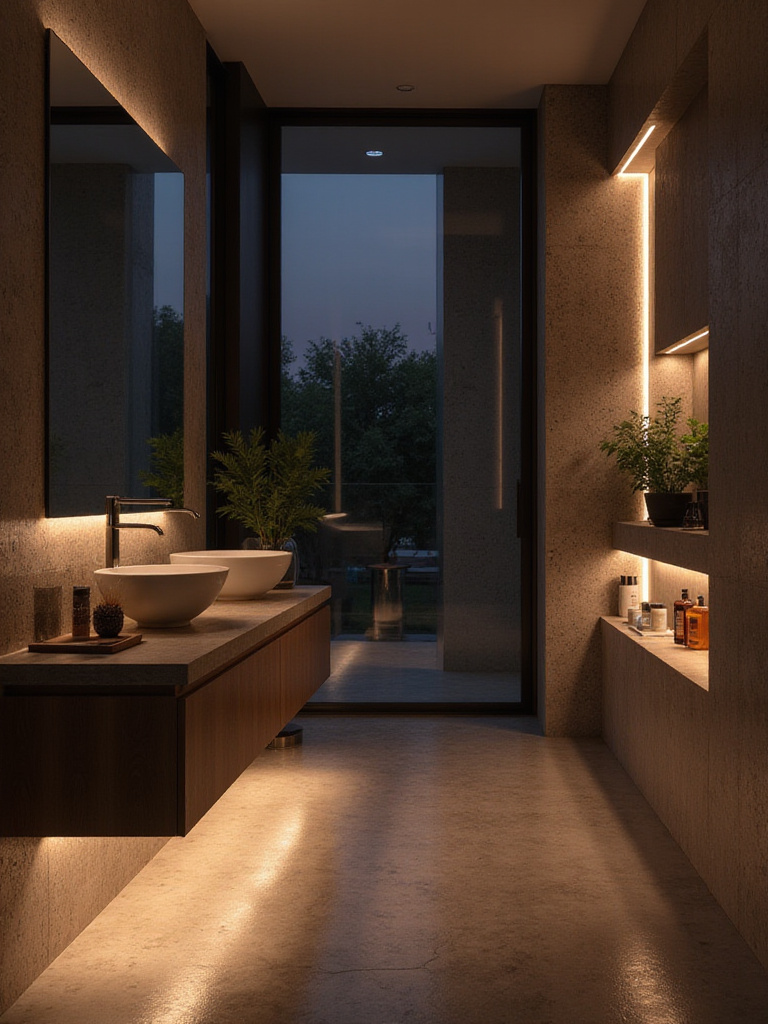 Dramatic modern bathroom interior illuminated by accent lighting under the vanity, in a shower niche, and behind a mirror.