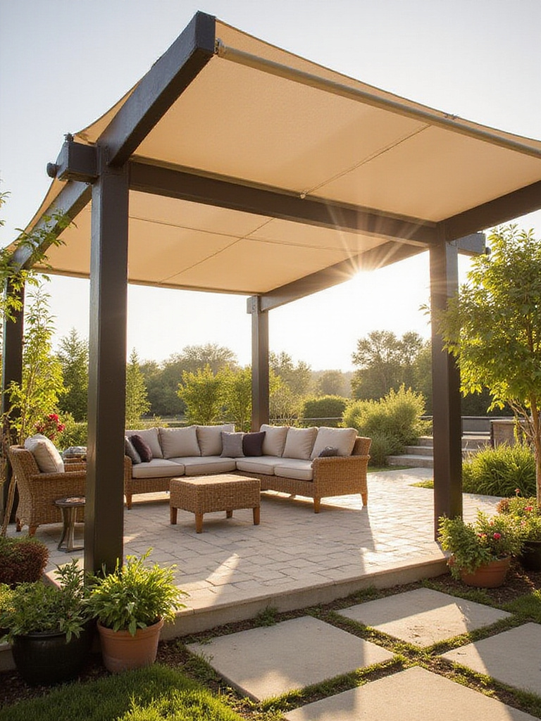 A pergola with a partially extended retractable fabric canopy shading an outdoor lounge area.