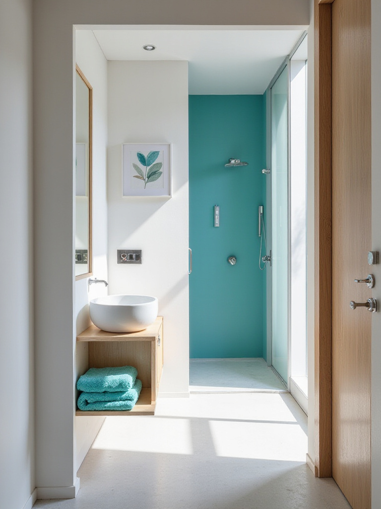 Modern bathroom with neutral tones and a strategic pop of teal color in towels and art.