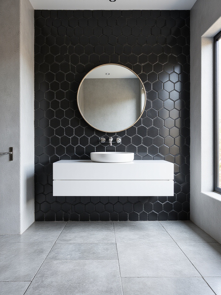 Modern bathroom featuring a striking black and white hexagonal geometric tile pattern on a feature wall.