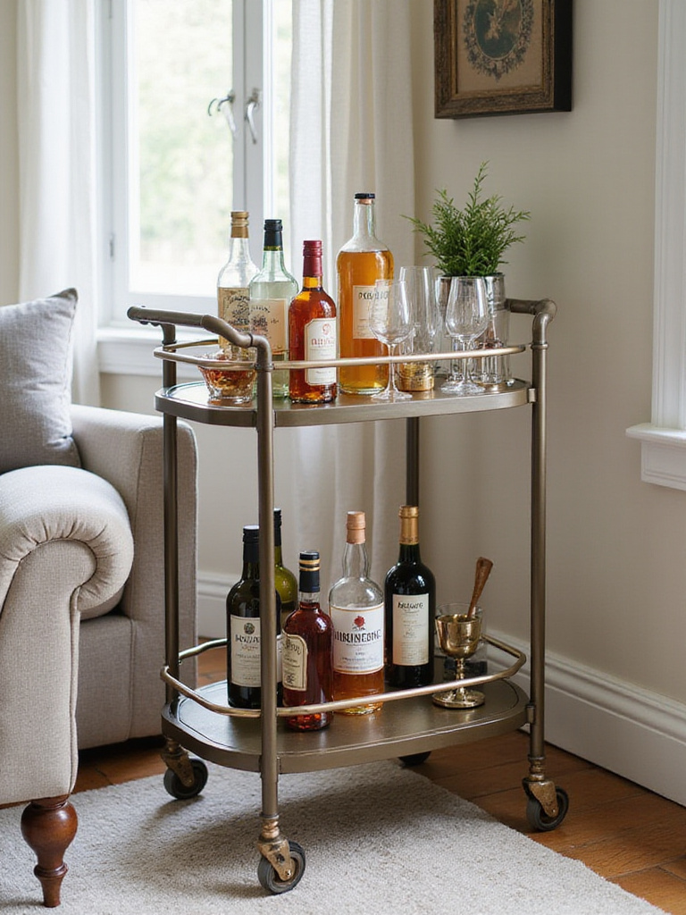 A chic gold bar cart styled for entertaining in a modern living room corner, featuring bottles, glassware, and cocktail accessories.
