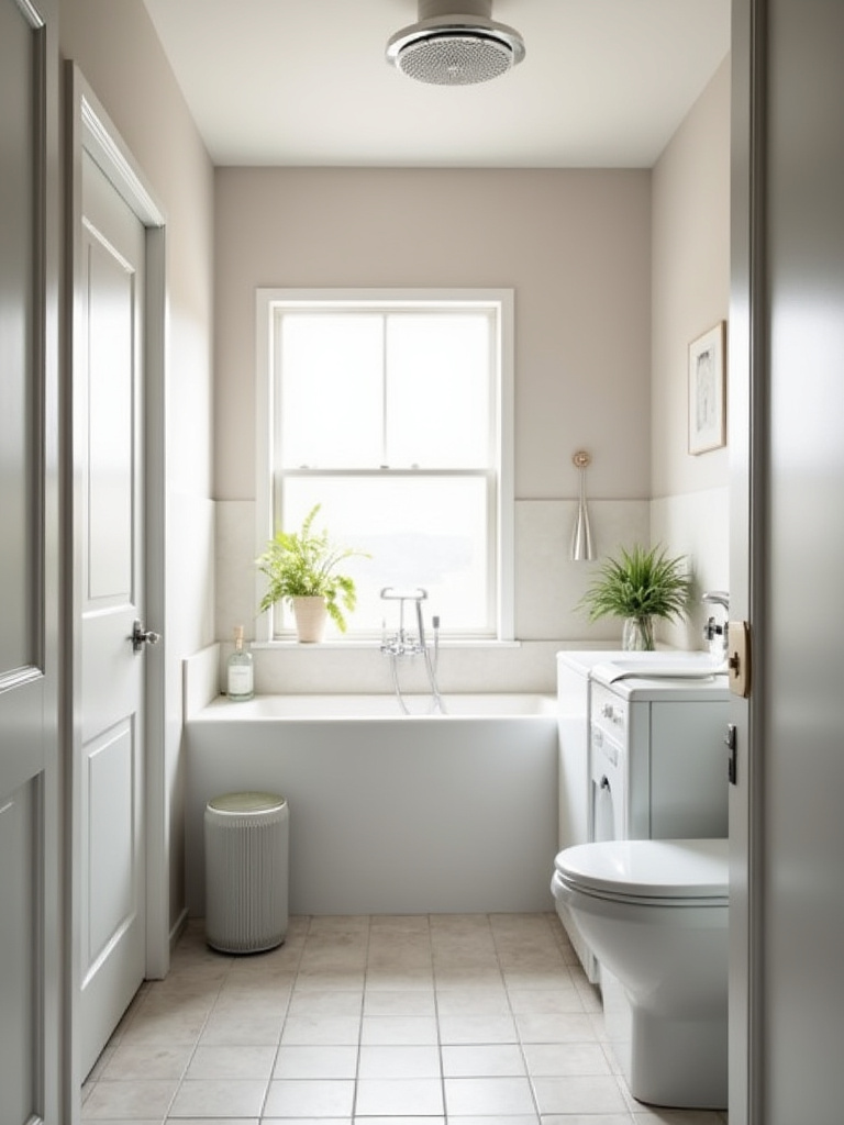 A well-ventilated laundry bathroom featuring an exhaust fan, open window, and moisture-resistant wall tiles, designed for effective moisture control.