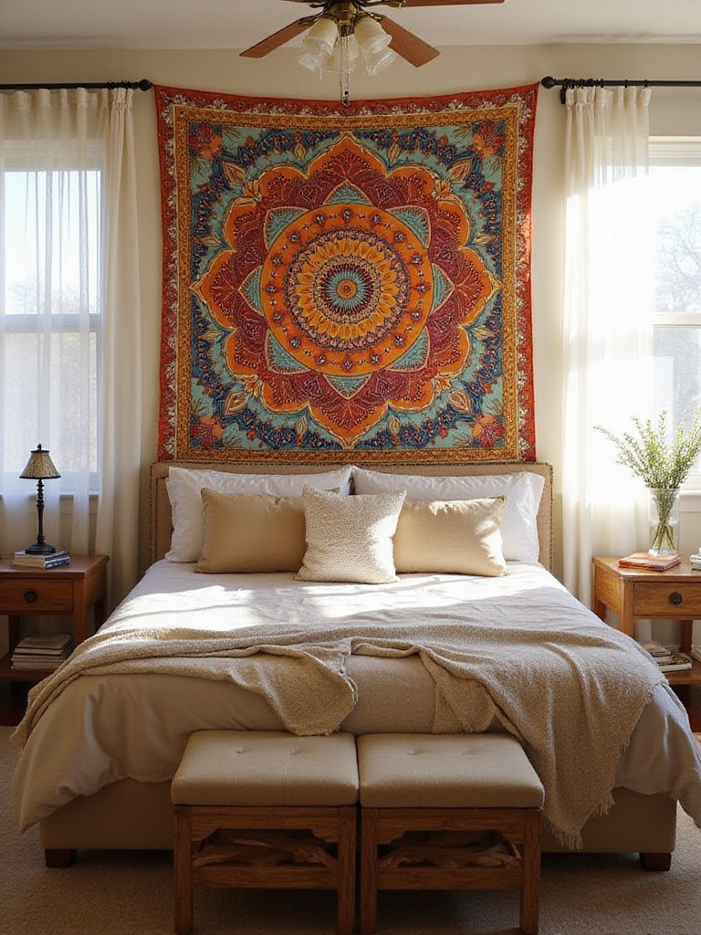 Boho bedroom with colorful mandala tapestry behind bed