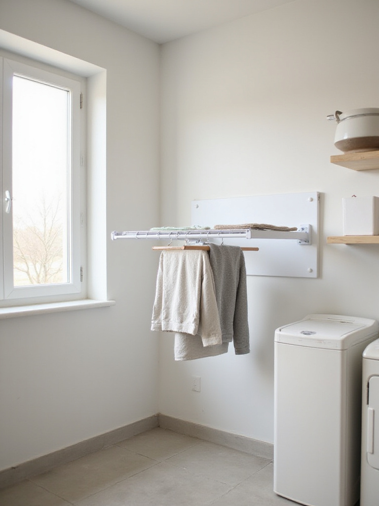 Wall-mounted folding drying rack extended in a bright, organized modern laundry room.